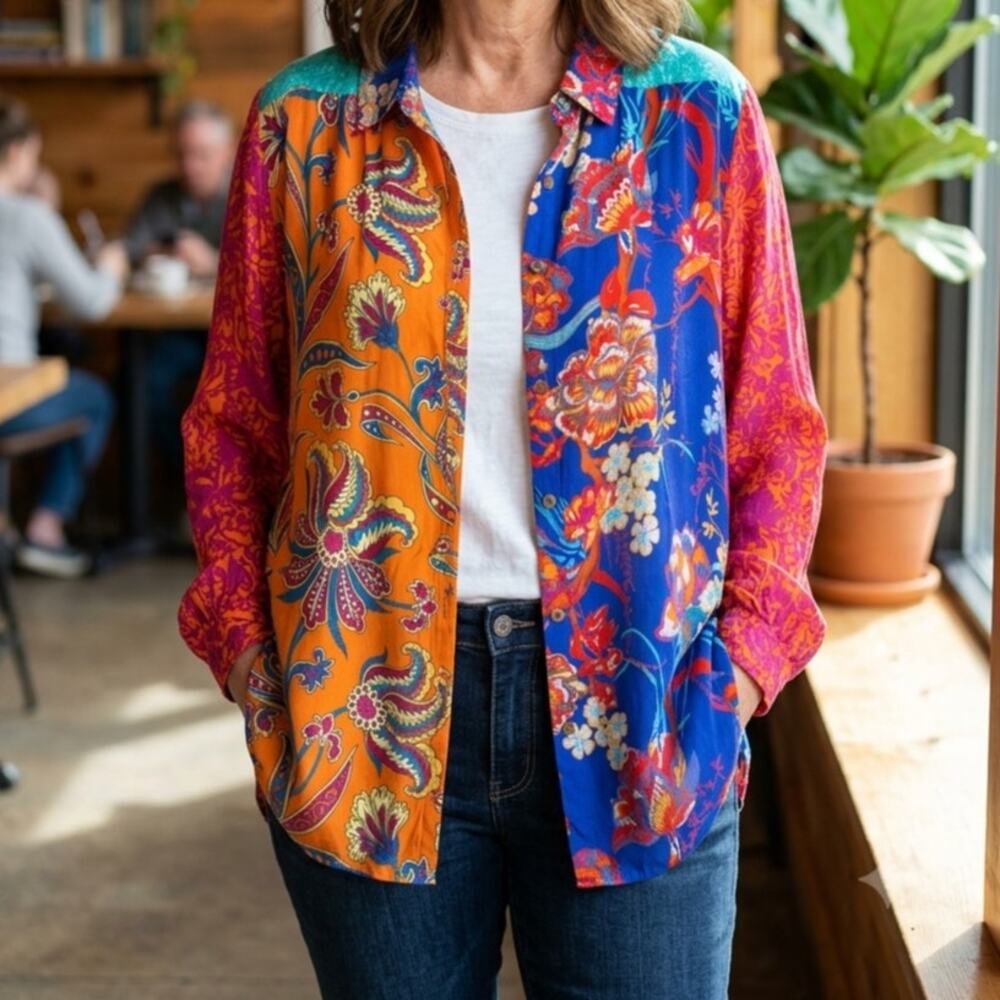 Soft Surroundings "Hermosa" tunic blouse vibrant patchwork floral pattern boho